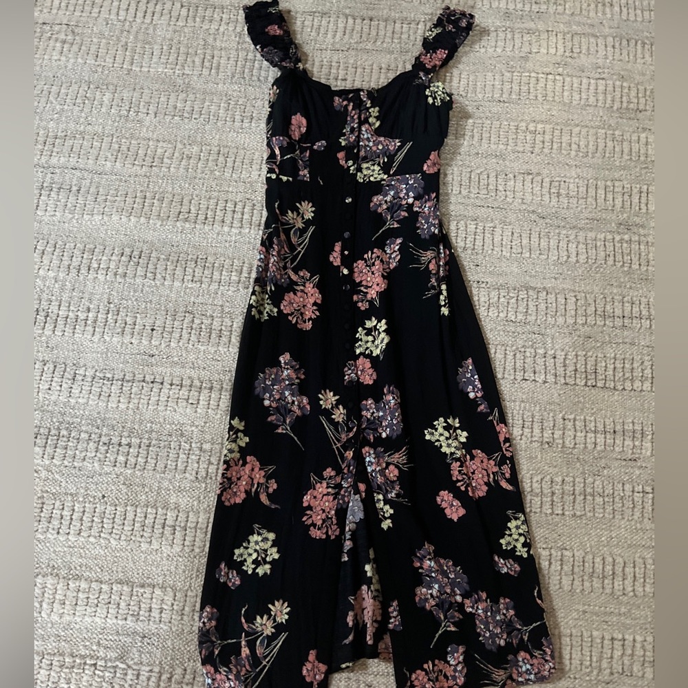 Free People Black Floral Corset Top Button Front Elastic Back Midi Dress XS